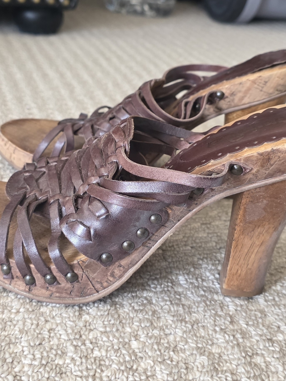 Women’s Brown Leather Woven High-Heel Sandals